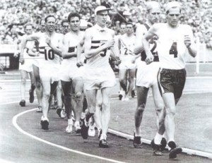 George Coleman, Halesworth resident and race-walker (No. 10 in the picture), at the start of the 20km. road walk in the Melbourne Olympics, 1956